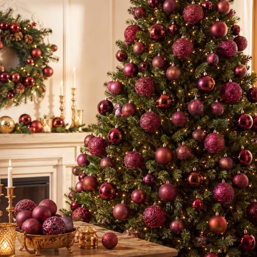 100 Pcs Burgundy Christmas Ball Ornaments for Tree, 6 Styles in 4 Sizes - Image 2