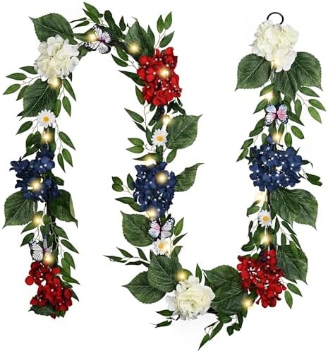 Valery Madelyn 9FT 4th of July Garland with Lights for Mantle, Red White Blue Patriotic Hydrangeas Garland Memorial Day Decorations with Eucalyptus Leaves Butterfly for USA 250th Anniversary Summer by ValeryMadelyn
