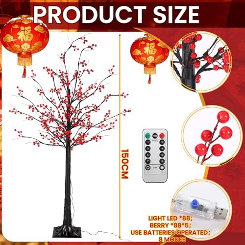 Aurelema 5 ft Lunar New Year Tree 80 LED, Red Lighted Tree with Lanterns - Image 3