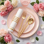 MirthMood 350PCS Pink Plastic Plates with Gold Rim,Plastic Dinnerware Set - Image 3