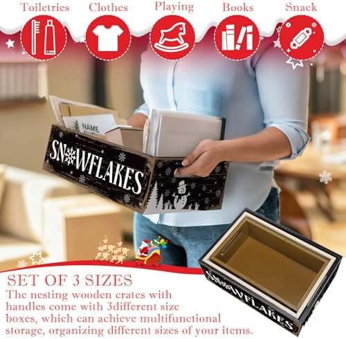 3 Pcs Christmas Wooden Crate Beige Snowman Snowflakes Holiday Box - Image 6