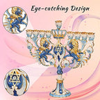 Matashi Hand Painted Blue and Ivory Regal Lion Menorah Candelabra - Image 6