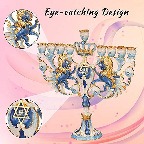 Matashi Hand Painted Blue and Ivory Regal Lion Menorah Candelabra - Image 6