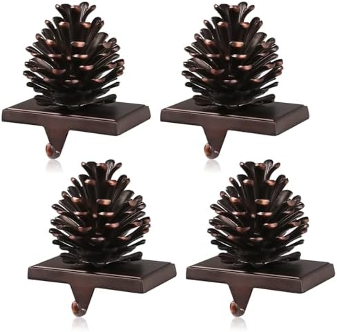 JUSTOTRY 3D Pine Cones Christmas Stocking Holders for Mantle Set of 4 with Non-Skid Brown Stocking Holder for Fireplace Home Decor Holiday Gifts Xmas Decorations Supplies by JUSTOTRY