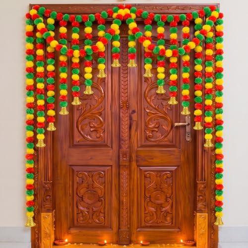 12 Pcs Marigold Artificial Garland 5 ft with Gold Bells for Diwali by Maysing