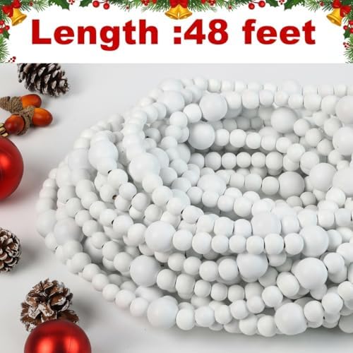 48Ft Christmas Wood Bead Garland Rustic Holiday Decor for Tree (White) - Image 2