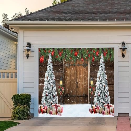 7x8ft Christmas Garage Door Decorations Christmas Barn Xmas Tree Christmas Ball Snowflake Garage Backdrop for Xmas Eve Holiday Outdoor Wall Decor Winter Holiday Background Sign for Garage Door by Leyiyi