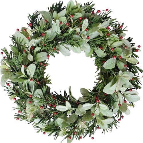 24 Inch Artificial Wreaths for Front Door, Winter Spring Decoration Wreath with Red Berry and Lamb Leaves, Evergreen Natural Wreath for Indoor Outdoor Farmhouse Festival Home Decor by Bibelot