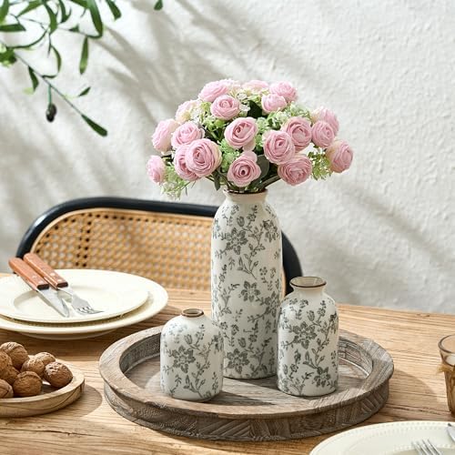 Ceramic Flower Decorative Antique Vase Set of 3, Vintage Rustic Chinoiserie Floral Vase for Home Decor, Living Room, Bookshelf, Office, Entryway, Garden, Chinoiserie Decor, Tuscan Decor- Gray - Image 6