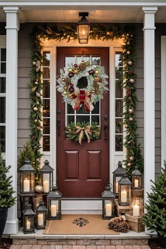 24" Christmas Wreath for Front Door Artificial Unlit Winter Wreath with Pine Cones, Berry Clusters, Burgundy Ball Ornaments and Ribbon for Thanksgiving Holiday Christmas Decoration - Image 4