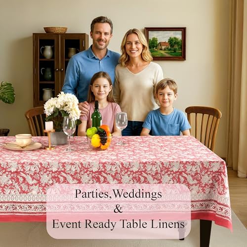 CPC Tablecloth 100% Cotton 60x90 Inch Indian Block Print Rectangle Table Cover, Washable Table Cloth for Weddings, Spring/Summer, Barbeque - Coral Pink - Image 3