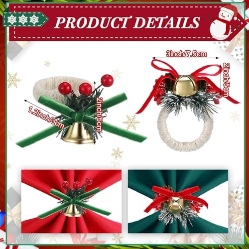 Ziliny 16 Pcs Cotton Christmas Napkins and Rings Set, 8 Washable Thanksgiving Napkins Cloth, 8 Xmas Napkin Rings for Xmas Dinner Party Table Decoration(Christmas Bow Bells) - Image 2