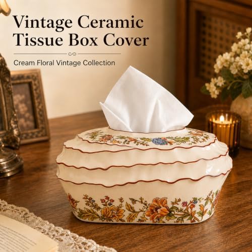 Vintage Floral Ceramic Tissue Box Cover,Cream Rectangular Tissue Holder - Image 2