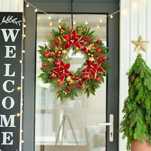 Christmas Wreaths for Front Door- 24 Inch Outdoor Prelit Christmas Door Wreath with Lights, Lighted Xmas Wreath with Poinsettia Flowers,Red Berries,Golden Ball- Home Christmas Decorations - Image 2