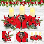 Christmas Centerpiece with 3 Candle Holders 3 LED Candles 1 String Lights Xmas Triple Candelabrum Poinsettia Red Buffalo Plaid Bow Berry Pine Cones with 3 Candle Holders for Tables Home Decorations - Image 4
