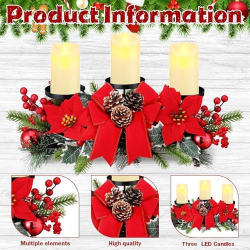Christmas Centerpiece with 3 Candle Holders 3 LED Candles 1 String Lights Xmas Triple Candelabrum Poinsettia Red Buffalo Plaid Bow Berry Pine Cones with 3 Candle Holders for Tables Home Decorations - Image 4