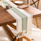 Niviy Sage Green Table Runner 120 Inches Long with Tassels, Seasonal Spring Summer Washable Embroidered Striped Braided Green and Beige Boho Table Runners for Holiday Party 12 x 120 Inches - Image 2