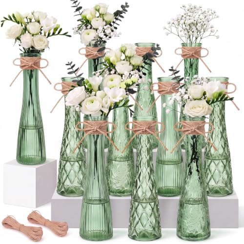 Set of 12 Sage Green Glass Bud Vases for Centerpiece, Assorted by Unknown