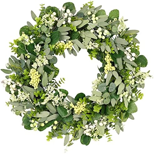 Vlorart 24-26 Inch Artificial Spring Summer Greenery Christmas Wreaths for Front Door Green Eucalyptus Leaf Wreath Decor Boxwood with Big Berries for Farmhouse Outside Year Round by Vlorart