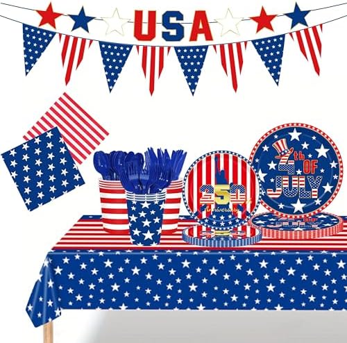 JoyPopper 197 PCS 4th of July Party Supplies Set - 250th Independence Day Decorations with American Flag Paper Plates, Napkins, Cups, Banners & Tablecloth - Serves 24 Guests for Patriotic Celebrations by JoyPopper