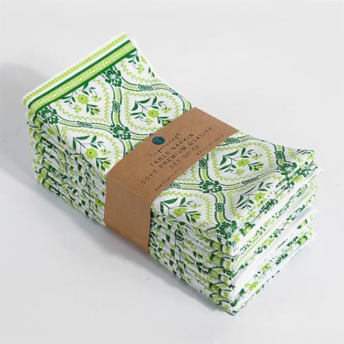 FINGERCRAFT Cloth Napkins Set of 12 Cotton Linen, 20x20 Inch, Damask Green by FINGERCRAFT