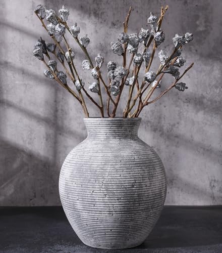 Ceramic Flower Vase Home Decor, 7.4 in Farmhouse Table Vases Retro Vintage Living Room Kitchen Bedroom Decoration Pottery Decorative Vases for Flowers House Shelf Office Desk Dining Entryway, Grey by FancyPlus