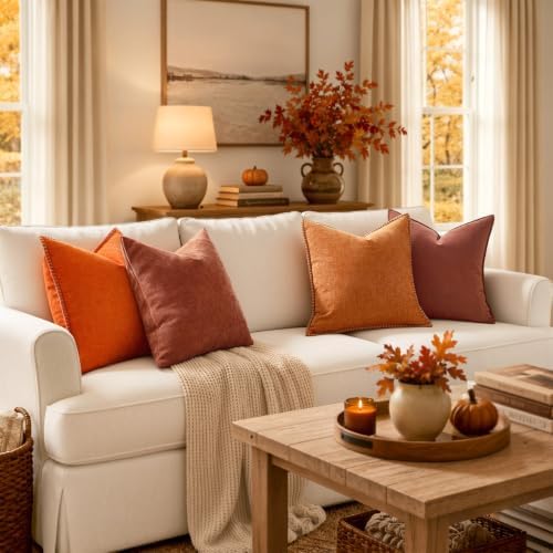 MIULEE Pack of 2 Fall Rust Euro Shams Chenille Pillow Covers 24x24 Inch - Image 3