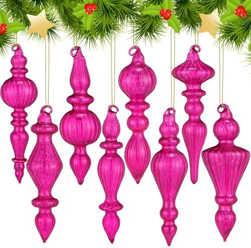 Mifoci 8 Pcs 6 Inch Mercury Glass Finial Christmas Ornaments,Hot Pink by Mifoci