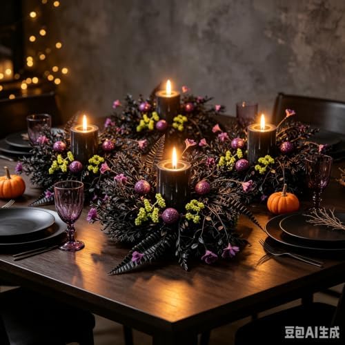 6 Pcs Black Fern Purple Flower Halloween Mini Candle Ring Wreaths with Green Berry Purple Glitter Baubles Gothic Artificial Pillar Candle Holder Wreath for Spooky Dark Home Table Fireplace Decoration - Image 3