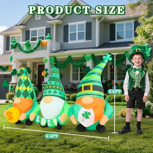 St Patricks Day Inflatables Outdoor Decorations, 6.4 FT Long St. Patrick's Gnomes Inflatable Decoration with LED Lights, Lucky Leprechaun Green Irish Blow Up Decor for Holiday Lawn Yard Garden Indoor - Image 2