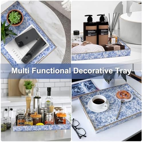 Serving Tray with Handles, Rectangular Plastic Tray 15.75x11.81 Inch, Blue and White Peony Chinese Porcelain Style Decorative Tray for Kitchen, Dining Table, Vanity, Office & Home - Image 6