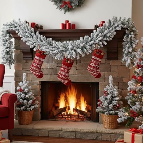 Suncalla 2 Pcs 6ft Thick Christmas Alaskan Pine Christmas Garland Flocked by Unknown