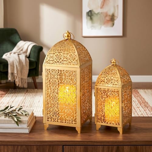 TRIROCKS Set of 2 Decorative Candle Lanterns 12/16.5'' H Candle Holder Gold - Image 4