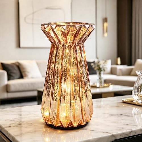 Home Decor, Mercury Glass Pillar Candle Pedestal Holders with led Lights, Lighted up Candle Holder for Pillar Candle, Glass Candlestick Holders with Timer for Wedding Dining Table Xmas (Rosegold) - Image 5