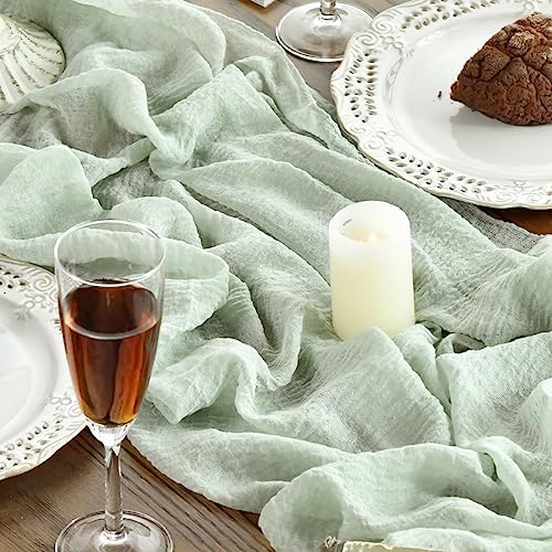 Artoid Mode Boho Sage Green Gauze 6 Pieces Wedding Table Runner, 120 Inch Seasonal Fabric Kitchen Dining Holiday Table Decor for Home Party Indoor - Image 2
