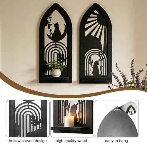 ZEXUIRU 2 Set Rustic Candle Sconces Living Room Bedroom Entryway Wood Mirrored, Farmhouse, Carved Frame Wall-Mount Wooden Candle Holders Wall Decor Hanging Handmade Holder - Black - Image 7