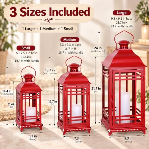 Christmas Decorations for Home, 24’’ 19’’ 14’’ Christmas LED Lanterns Decorative Indoor&Outdoor, Large Red Metal Holders with 3 Timered Flameless Candles for Porch Patio Home Fireplace Decor - Image 3