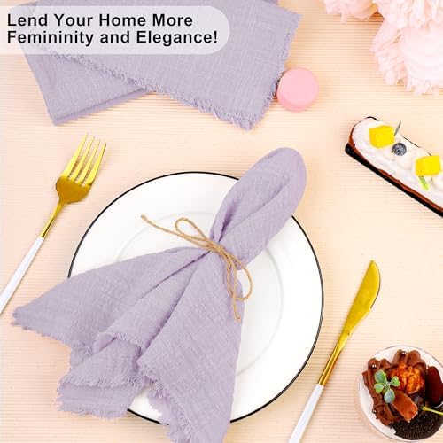 TURSTIN 24 Pieces Lavender Purple Cotton Linen Wedding Napkin Square Rustic Fringe Table Napkin for Dinners, Parties, Weddings - Image 4