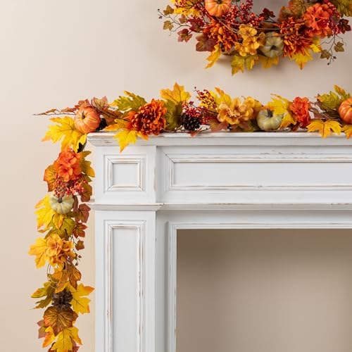 Glitzhome 6FT Maple Leaf Garland, Fall Dahlia Pumpkin Garland Decor for Mantle, Artificial Autumn Foliage Thanksgiving Decor for Home Wedding Fireplace Party Christmas by Glitzhome