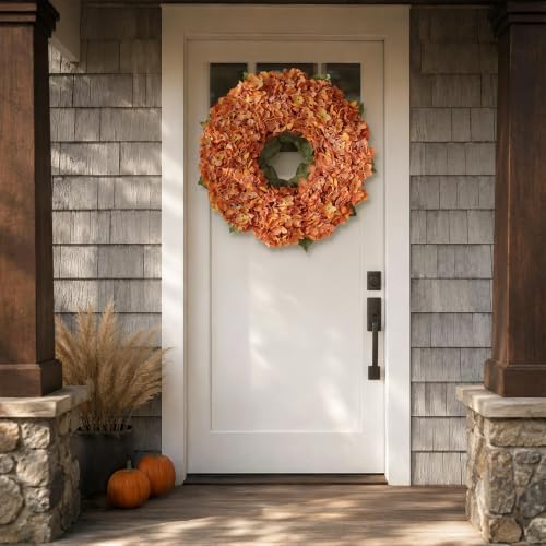 21" Fall Artificial Hydrangea Flower Wreath for Front Door Decor(Orange) - Image 3
