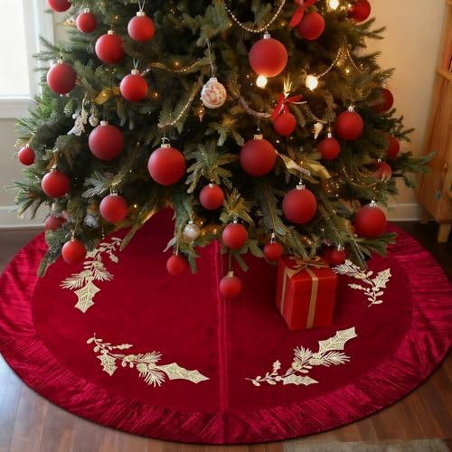 48 Inches Velvet Christmas Tree Skirt Red Wine Luxury Xmas Gold Fur Plush Skirts with Gold Embroidered Holly for Merry Christmas Party Rustic Vintage Holiday Home Winter Decorations by QIJISTORM
