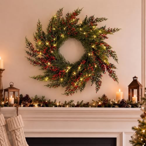 Dingion 18 Inch Christmas Wreath for Front Door with Red Artificial Berry by Dingion