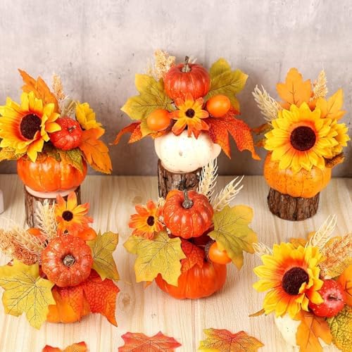 Set of 6 Mini Fall Pumpkin with Artificial Flower Decoration Autumn Thanksgiving Pumpkins Maple Sunflower Centerpieces for Table Harvest Fall Floral Decor Fireplace Mantle Living Home Kitchen Party - Image 4