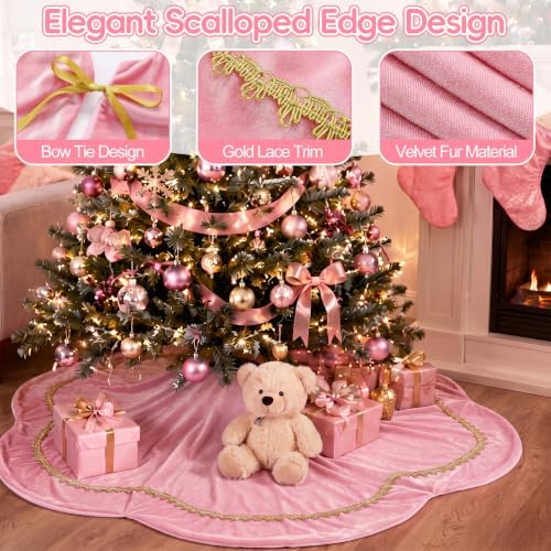 Arrowbash Pink 48 Inch Christmas Tree Skirt Velvet Scallop Ddge - Image 6