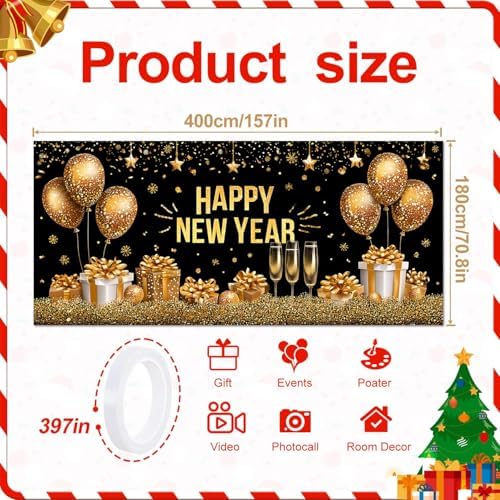 New Year’s Glittering Garage Door Banner – "Happy New Year" with Gold Balloons, Champagne Glasses, and Gifts – Garage Door Cover for Holiday Decor and Outdoor Celebrations - Image 2