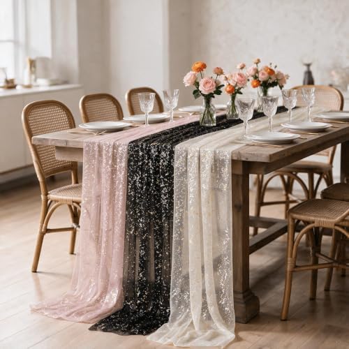 Artoid Mode 6PC Beige Black Pink Gauze Table Runner 120 Inch 10FT, Glitter Metallic Foil Sheer for Wedding Anniversary Holiday Birthday Home Party Decor - Image 7