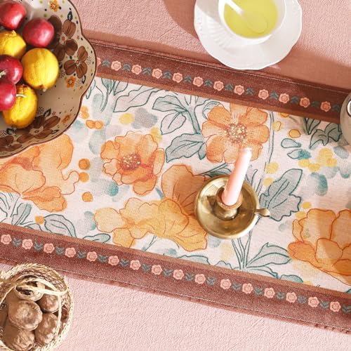 bilin gaier Designer Vintage Orange Floral Small Table Runner,French Farmhouse Soft Linen Coffee Table Runners 63 Inches Long,Decor Tabletop for Kitchen,Dining,Party,Home,Christmas,12"x63" - Image 4