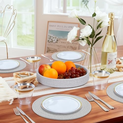 Round Placemats Set of 6 with Holder, Cotton Rope Woven Place Mats, Hot Pads for Kitchen, Heat Resistant Table Mats, 13 Inch Farmhouse Washable Braided Placemat for Kitchen Decor (Gray) - Image 5