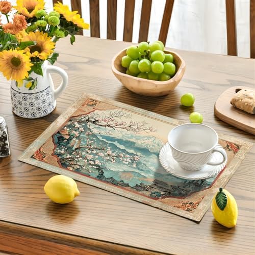 Japanese Placemats Set of 6 Rustic Mount Fuji Table Mats Cherry Blossoms Place Mats Decor Imitation Linen Heat Resistant Vintage Tablecloth for Dining Decoration Kitchen Party Restaurants 12''x18'' - Image 2