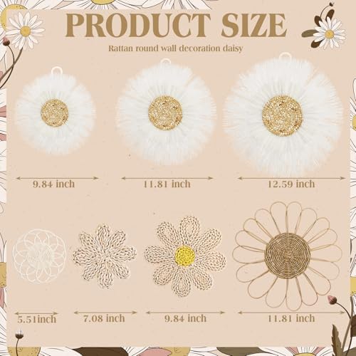 Chunful 7 Pcs Boho Wall Basket Decor Rattan Flower, Milky White - Image 2